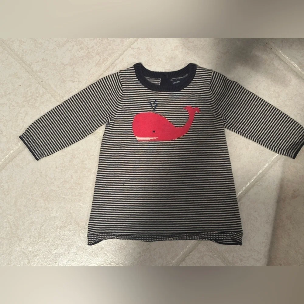 Baby Gap Navy White Striped Whale Sweater Knit Pullover Nautical 12-18M
